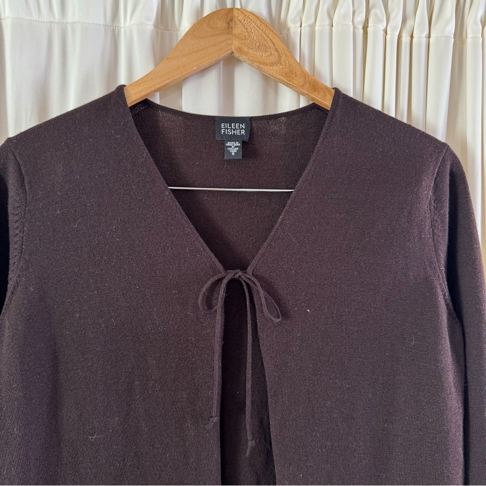 Eileen Fisher Dark Chocolate Brown Long Open Front Wool Cardigan Vintage 90s‎ Sm - Picture 2 of 6